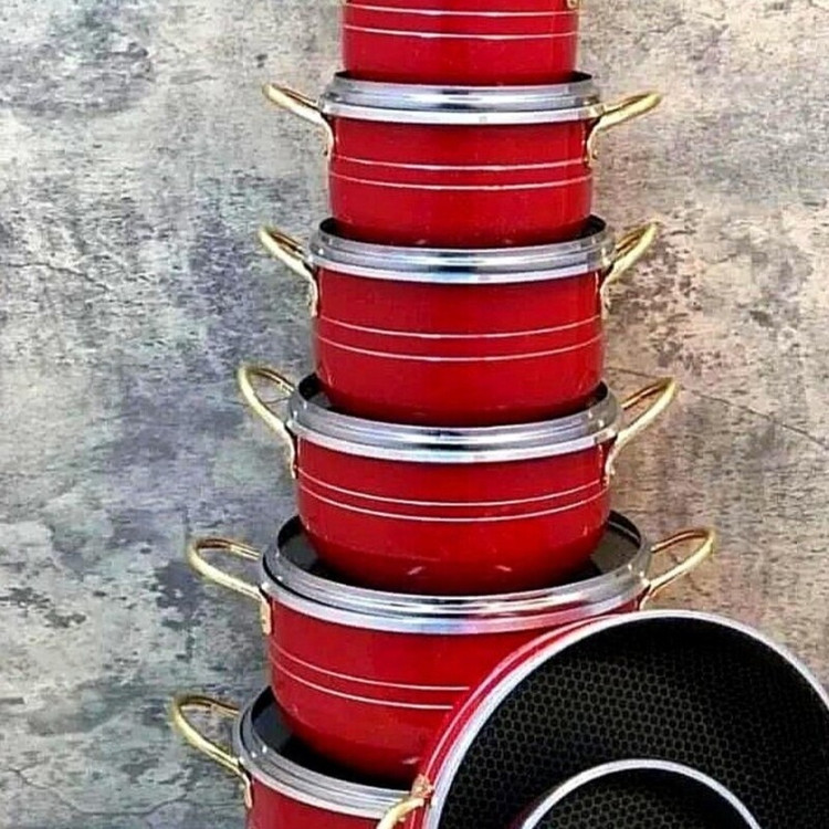 قابلمه گرانیت سرویس 14 پارچه دسته طلایی زنبوری 28 و 24 و 20 و 18 و 16 و 14 و تابه بزرگ غذاساز تفلون