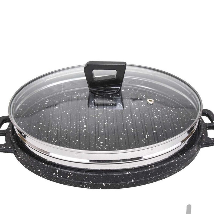 بهترین تابه گریل دو طرفه درب پیرکس سوپاپ دار ارتفاع 7 سانت قطر 28 گرانیتی نانو نچسب