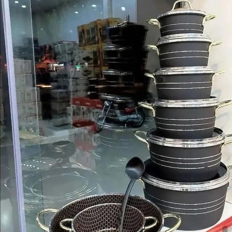 فروش عمده سرویس قابلمه 15 پارچه دسته طلایی گرانیت درجه یک