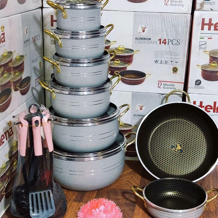 سرویس قابلمه گرانیتی بزرگ 22 پارچه دسته طلایی6 قابلمه و درب پیرکس دو ماهیتابه با سرویس کفگیر ملاقه