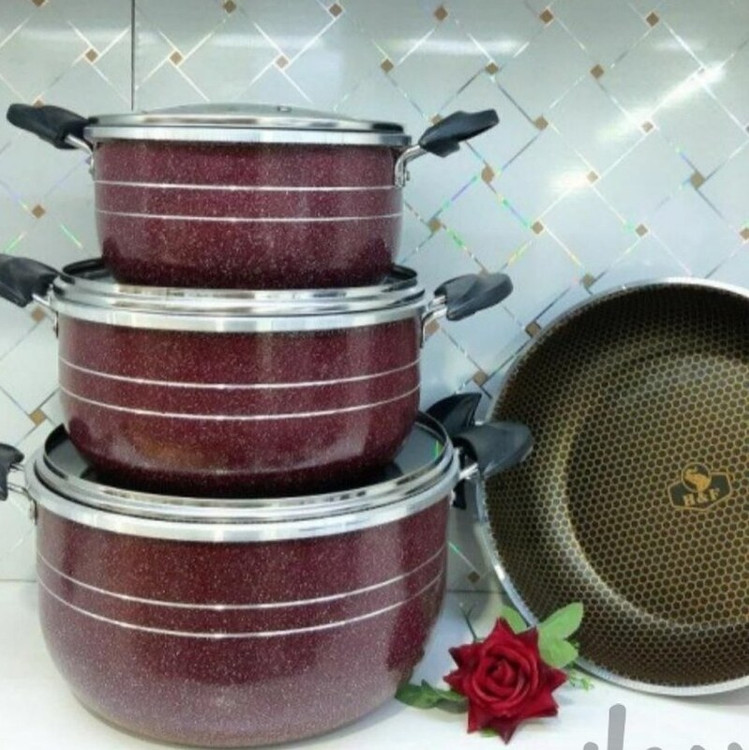 سرویس قابلمه گرانیتی 7 پارچه بزرگ هلنا مدل زنبوری سایزهای 20 و 24 و 28 و یک تابه سایز 28 گرانیت تفلون غذاساز