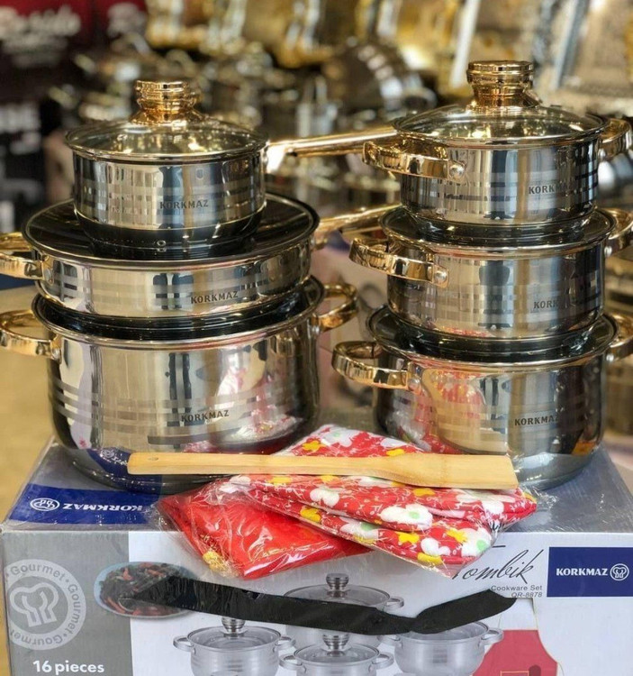 خرید وقیمت سرویس قابلمه استیل کرکماز 16 پارچه دسته طلایی و دسته نقره ای
