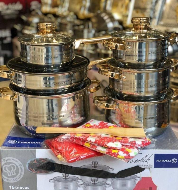 خرید وقیمت سرویس قابلمه استیل کرکماز 16 پارچه دسته طلایی و دسته نقره ای