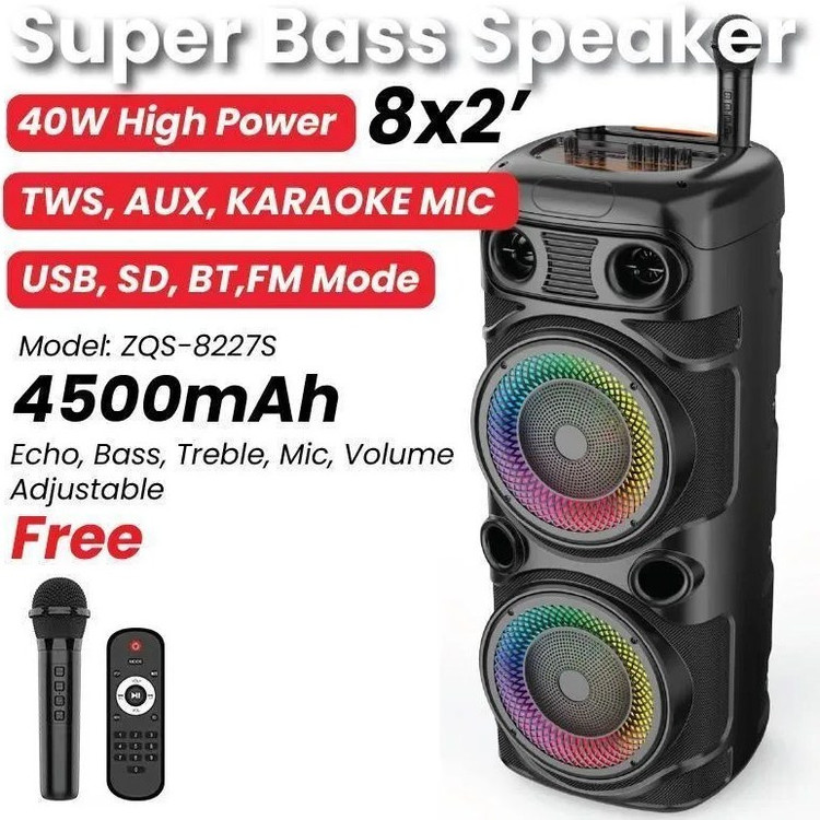 خرید بهترین اسپیکر 8227s zqs sing.e دارای میکروفن بیسیم و کابل شارژ ریموت کنترل دار ارتفاع حدود 80سانت 16 اینچ 2 در8