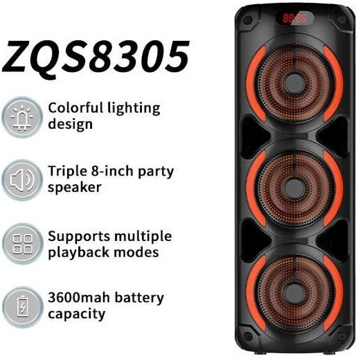 خرید و قیمت اسپیکر شارژی بلوتوثی مدل ZQS8305 دارای کابل شارژ میکروفون و ریموت کنترل 24 اینچ 3 در 8 ارتفاع حدودی 85 سانت