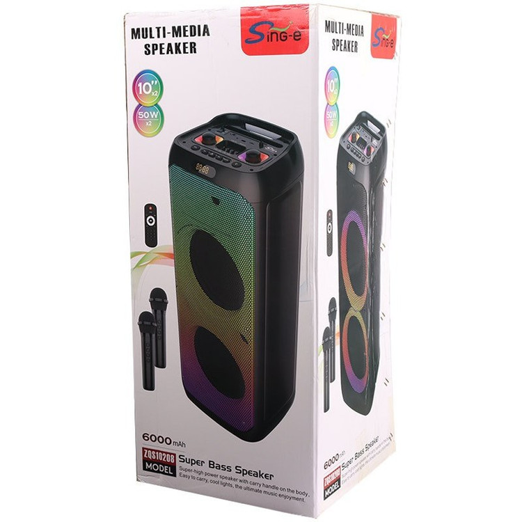 اسپیکر مدل ZQS 10208 دارای دو میکروفون کابل شارژ و کنترل 20اینچ 2 در 10 ارتفاع حدودی 80 سانت