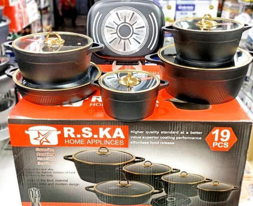 خرید و قیمت سرویس قابلمه ۱۹ پارچه ارسکا R . S . k چدن داخل گرانیت درب و دستگیره طلایی قابلمه : ۳۲، ۲۸ ، ۲۴ ، ۲۰ تابه دو دسته سایز ۲۸ تابه رژیمی سایز ۳۲