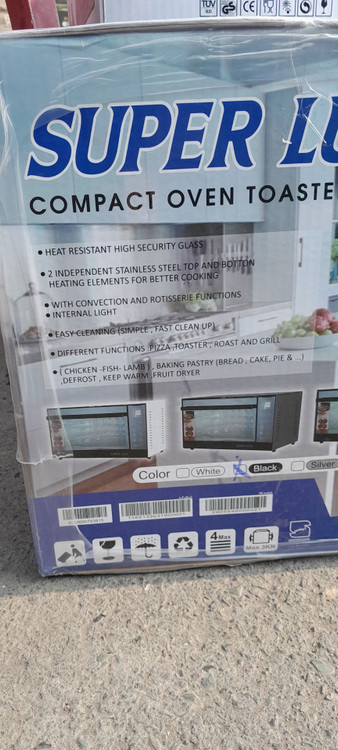 آون توستر فن دار دیجیتال سوپرلوکس 60 لیتری دارای شیشه دوجداره دارای شلف استیک لامپ دوسینی فول امکانات توری میوه خشکن و فن کانوکشن