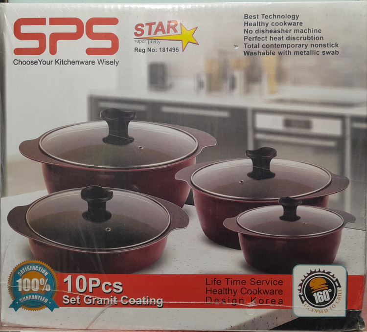 سرویس قابلمه گرانیت ۱۰ پارچه اس پی اس سه قابلمه و یک ماهیتابه بهمراه دستگیره