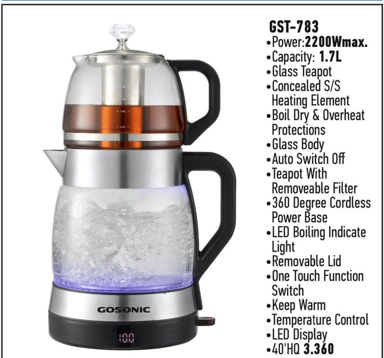 ارزانترین چای ساز گوسونیک مدل GST-783 ظرفیت ۱.۸ لیتر با قوری شیشهای