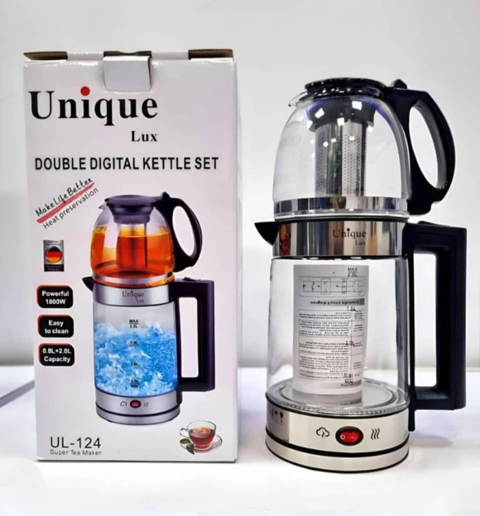 خرید و قیمت جدید بهترین مارک چای ساز یونیک مدل UL124 ظرفیت ۲ لیتر با کتری پیرکس و قوری ۰.۸ لیتر و برند دسینی مدل 6621