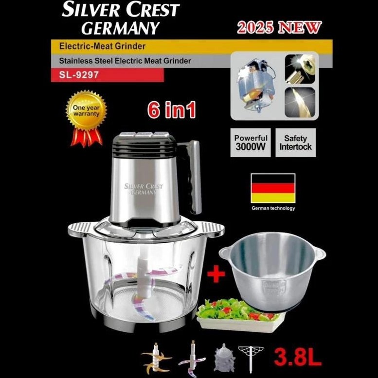 خردکن سیلور کرست مدل 2022 - دو کاسه (استیل و شیشه ای)، توان 3000 وات، 3.8 لیتر، 6 تیغه طلایی + 6 تیغه یدک