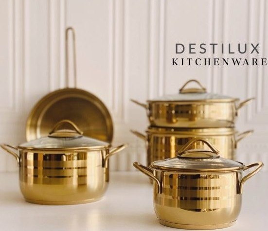 زیبا ترین سرویس قابلمه استیل 9 پارچه دستی لوکس تمام طلایی
