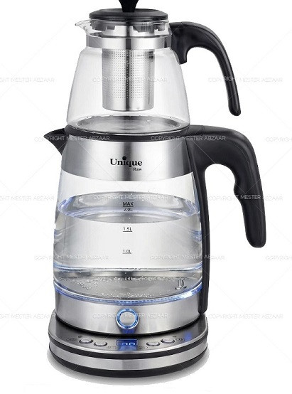 بروزترین چای ساز دو طبقه 2000 وات 3 لیتری کتری شیشه ای پنل دیجیتال یونیک مدل Unique RAW 4063 روهمی